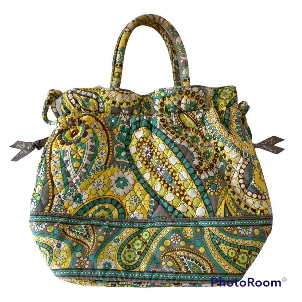 Vera Bradley Lemon Parfait Quilted Drawstring Bag Paisley Double Handle